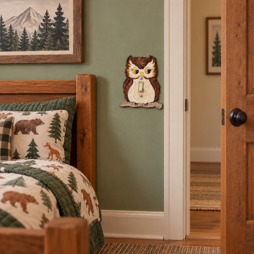 Vintage Hand Painted Wooden Owl Light Switch Plate Cover Folk Art 7"